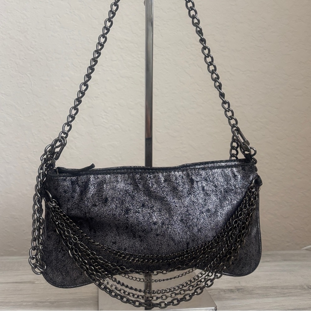 Y2K Old Navy Crackle Metallic Silver/Black Crossbody Shoulder Bag W/Chains.